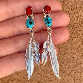 Turquoise Hanging Long Double Feather Earrings