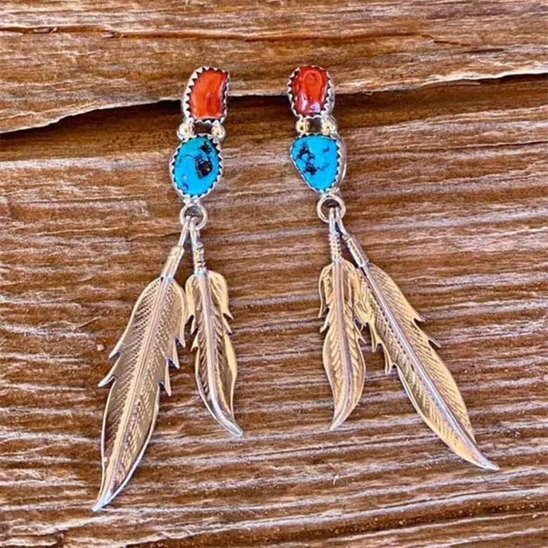 Turquoise Hanging Long Double Feather Earrings