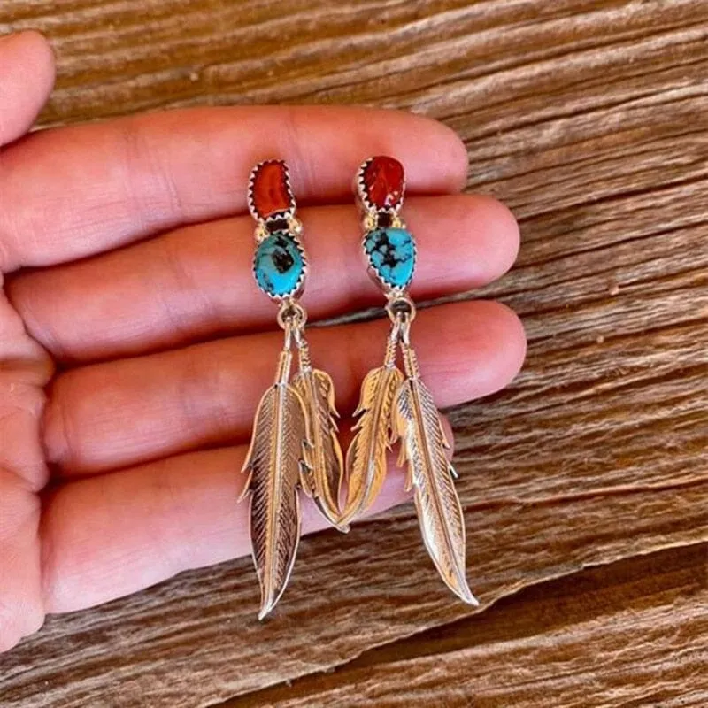 Turquoise Hanging Long Double Feather Earrings