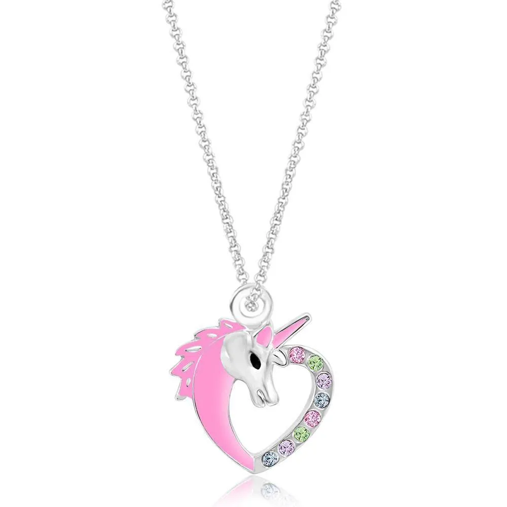 Unicorn Heart Crystal White Gold Palladium Plating Girl's Pendant Necklace