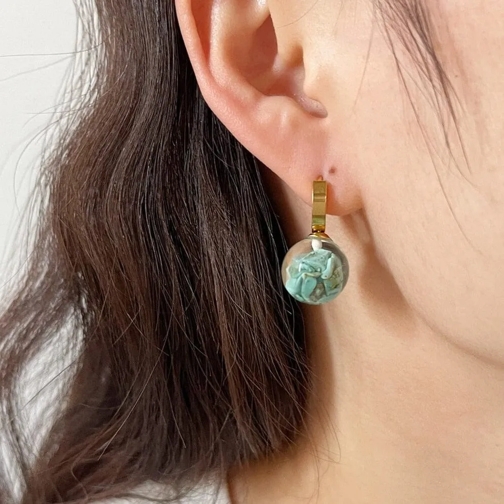 Unique Gold Plated Stainless Steel Transparent Ball Turquoise Hoop Earrings