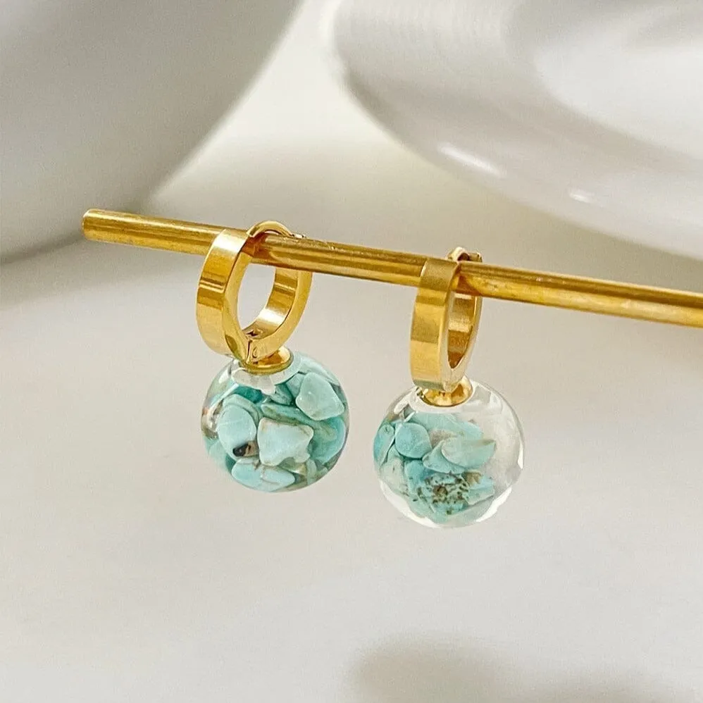 Unique Gold Plated Stainless Steel Transparent Ball Turquoise Hoop Earrings