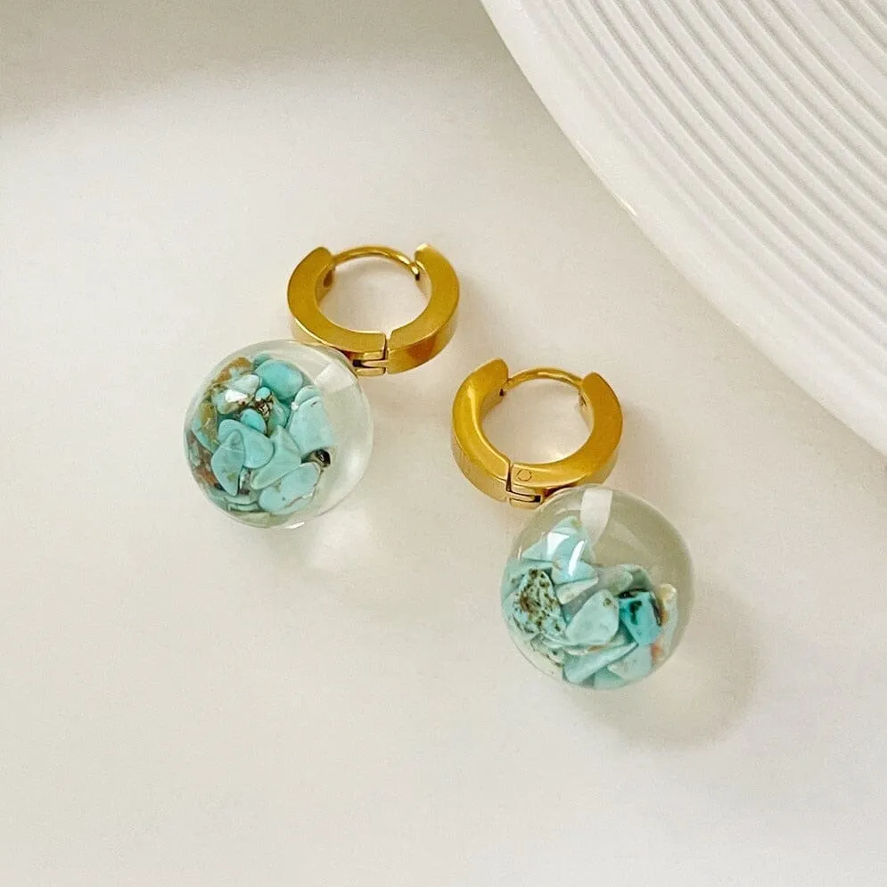 Unique Gold Plated Stainless Steel Transparent Ball Turquoise Hoop Earrings