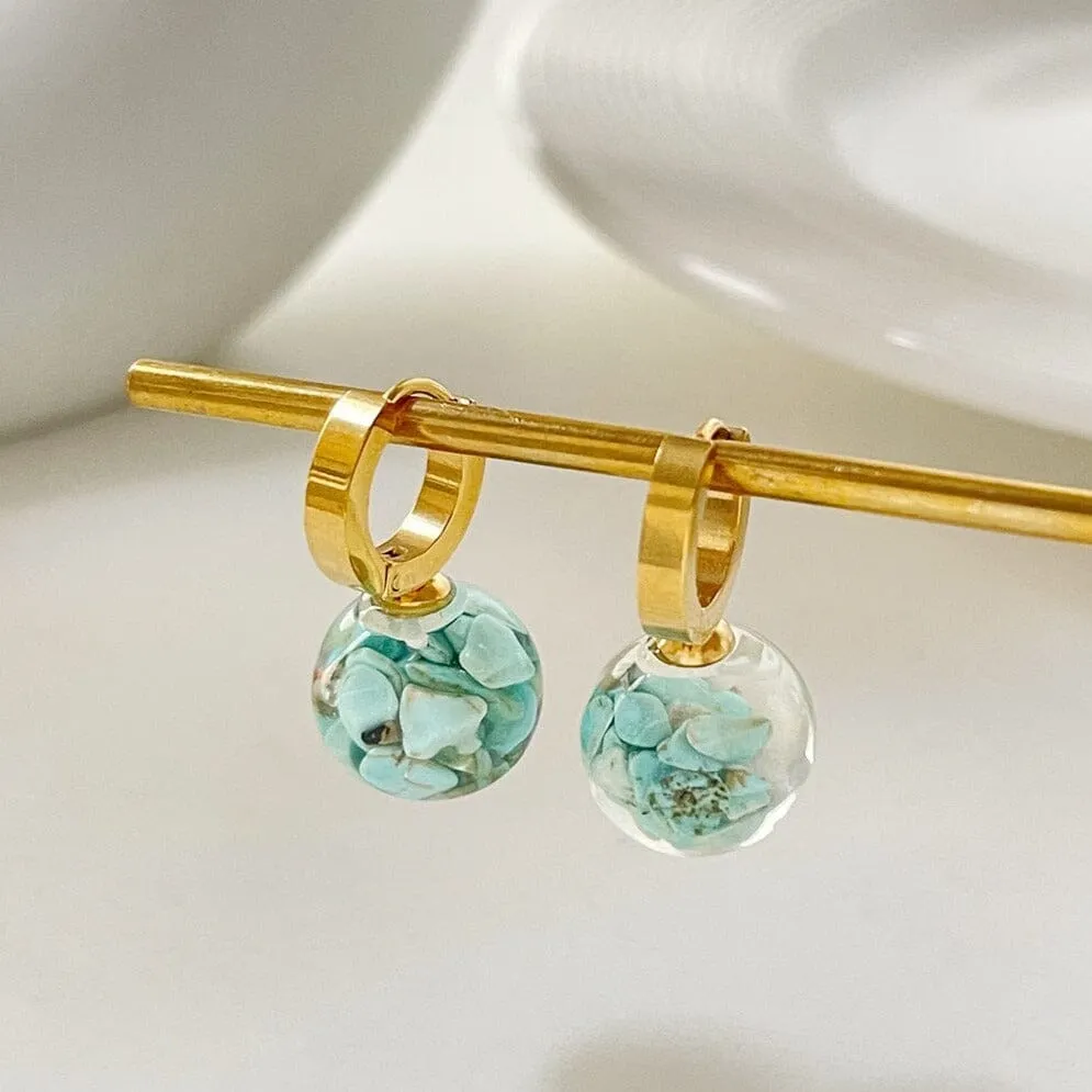 Unique Gold Plated Stainless Steel Transparent Ball Turquoise Hoop Earrings