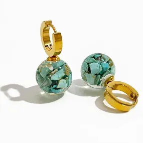 Unique Gold Plated Stainless Steel Transparent Ball Turquoise Hoop Earrings