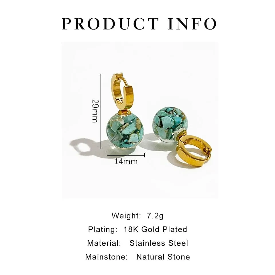 Unique Gold Plated Stainless Steel Transparent Ball Turquoise Hoop Earrings