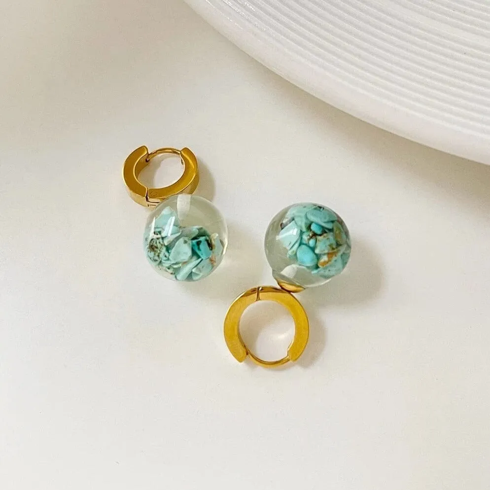 Unique Gold Plated Stainless Steel Transparent Ball Turquoise Hoop Earrings