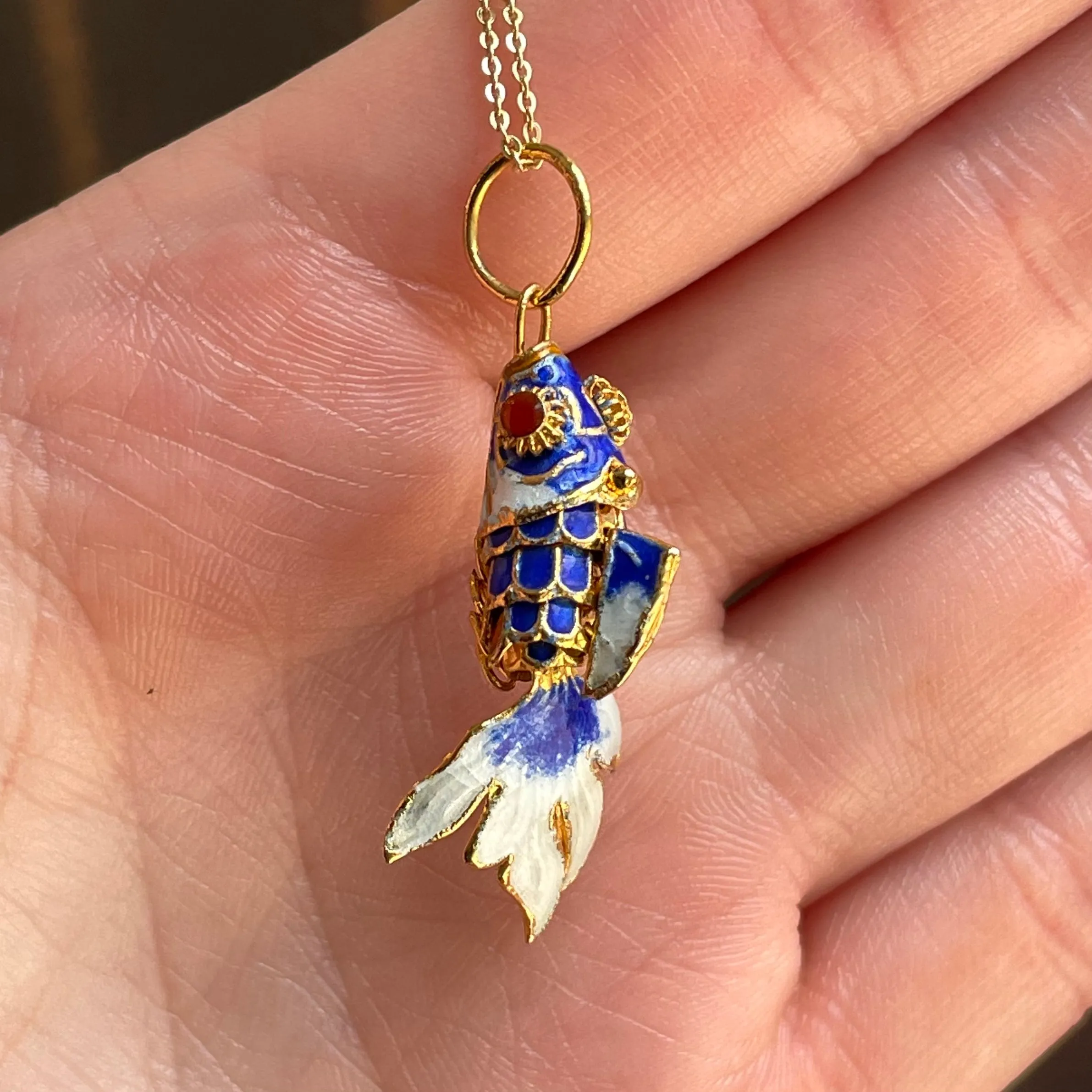 Vintage Blue Enamel Articulated Koi Fish Pendant Necklace