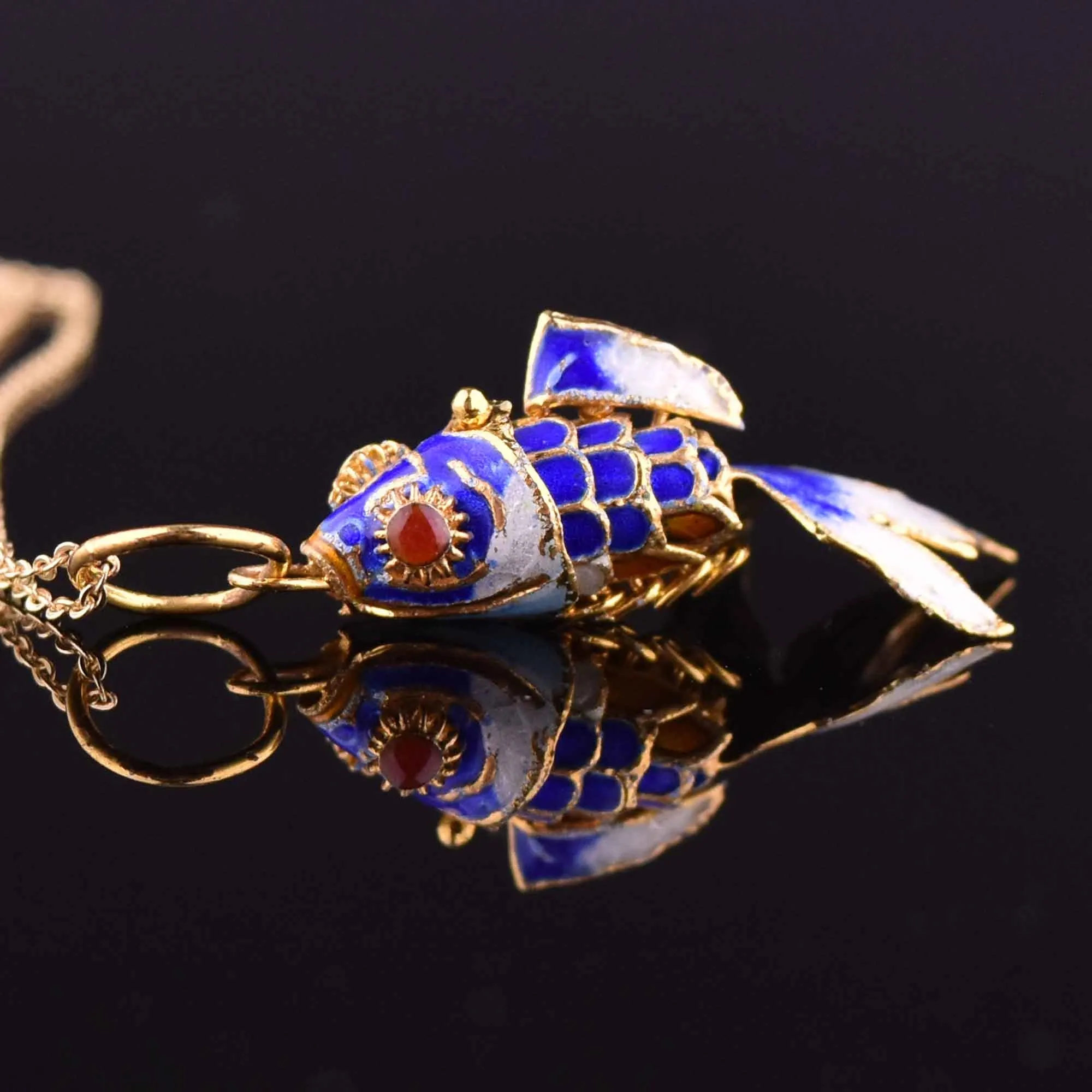 Vintage Blue Enamel Articulated Koi Fish Pendant Necklace