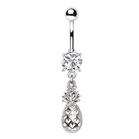 WildKlass 316L Stainless Steel Prong Set CZ Navel Ring with Pineapple Dangle