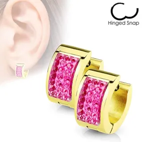 WildKlass Square Crystal Paved IP Gold Over Stainless Steel Hoop Huggie Earrings